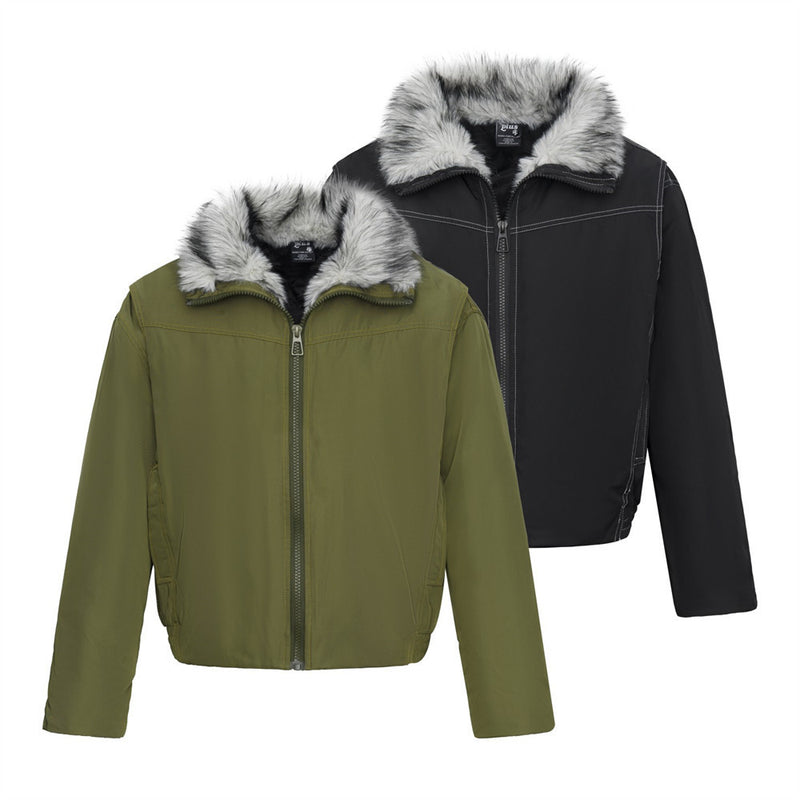 Full Zip Jacket Men Faux Fur Collar Padded Winter Bomber