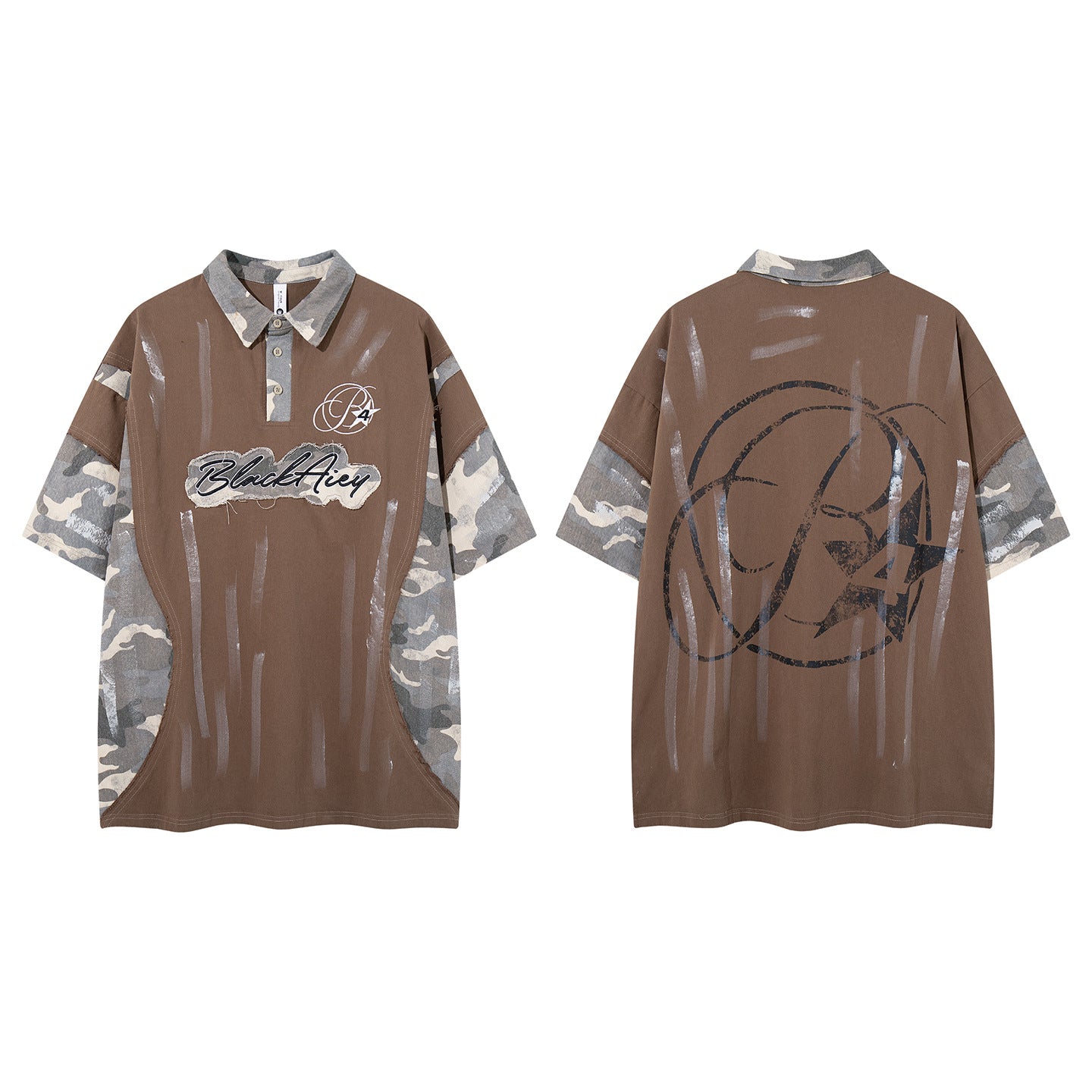 Chemise à manches courtes et col polo – Polo graffiti patchwork camouflage avec pinceau