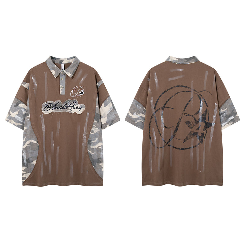 Chemise à manches courtes et col polo – Polo graffiti patchwork camouflage avec pinceau