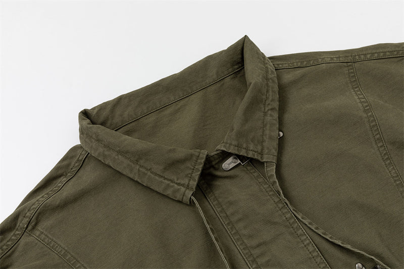 Army Green Stand Collar Metal Clasp Cargo Jacket – Relaxed Cropped Fit