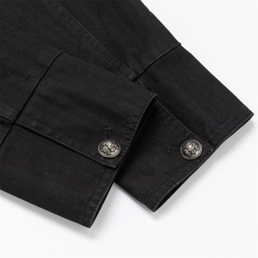 Black Double-Breasted Military Jacket – Stand Collar Structured Workwear Coat