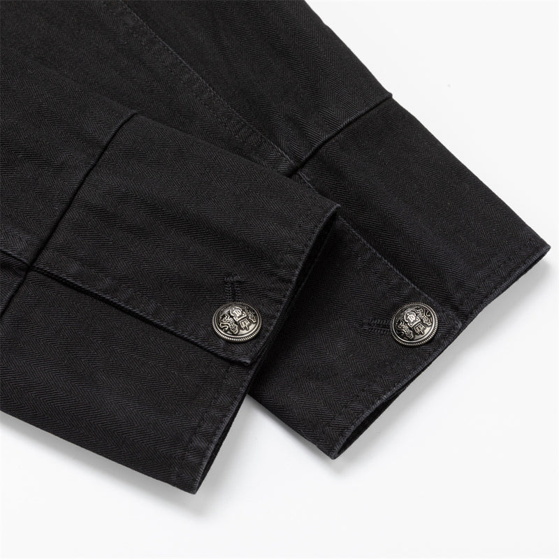 Black Double-Breasted Military Jacket – Stand Collar Structured Workwear Coat