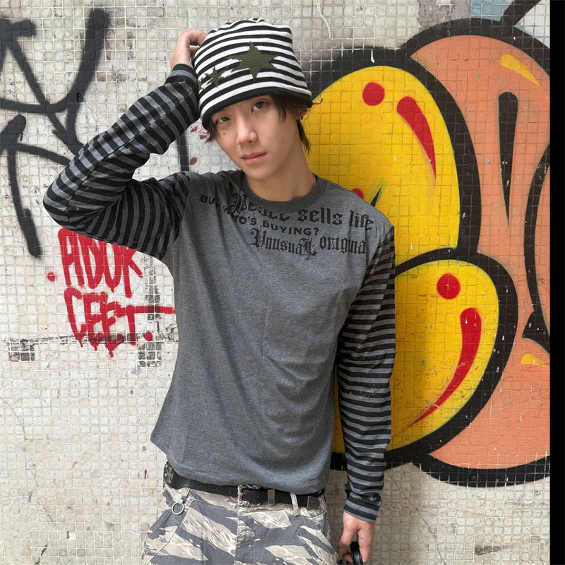 Men's slim-fit long-sleeve tee with gothic letter chest print and horizontal striped contrast sleeves in charcoal grey