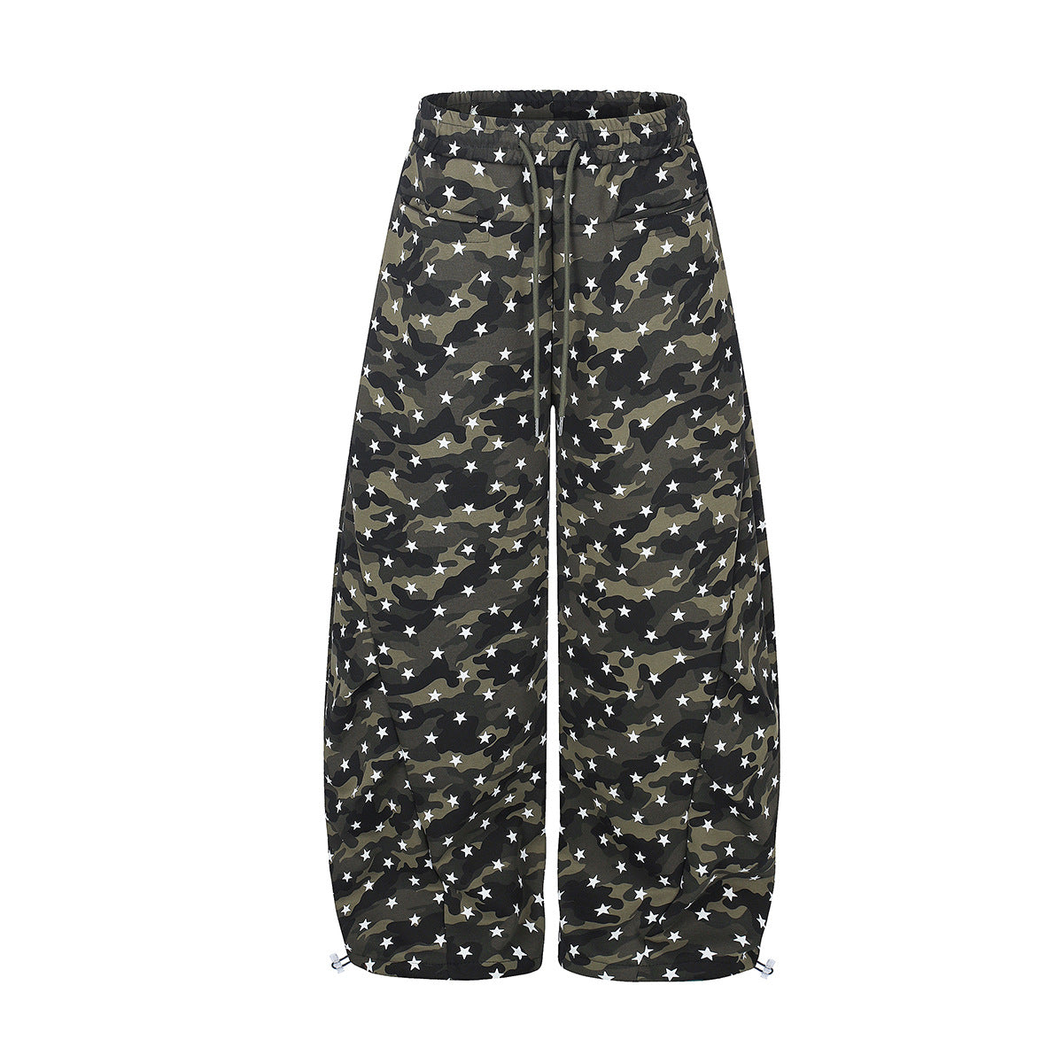 Baggy wide-leg camouflage cargo pants with white star print and adjustable toggle hem in army green