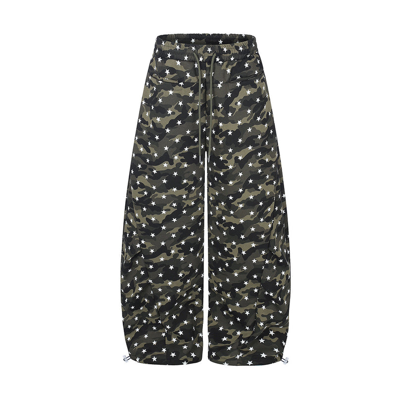 Baggy wide-leg camouflage cargo pants with white star print and adjustable toggle hem in army green