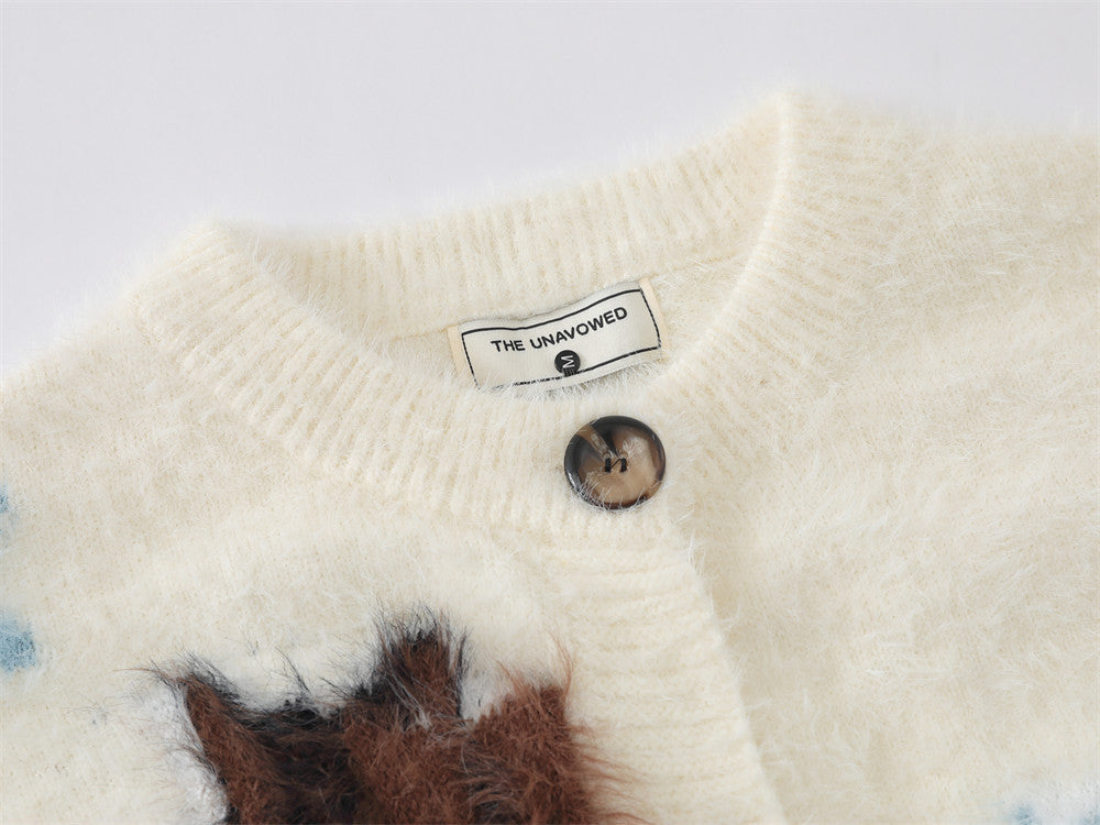 Cat Cartoon Fuzzy Knit Cardigan Sweater – Crew Neck Button-Front