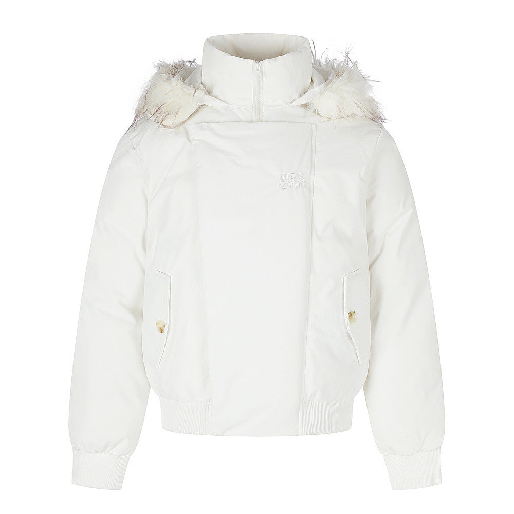 Fur-Trim Hooded Bomber Down Jacket – Oversized Fit with Stand Collar
