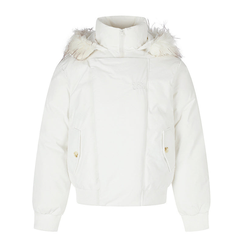 Fur-Trim Hooded Bomber Down Jacket – Oversized Fit with Stand Collar