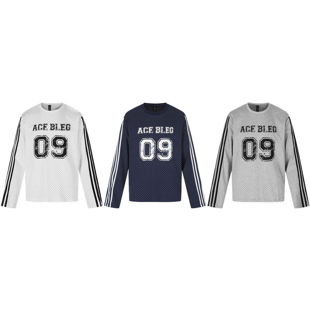 Men's Long Sleeve Tee Shirts – ACE BLEG 09 Varsity Number Polka-Dot Stripe Top