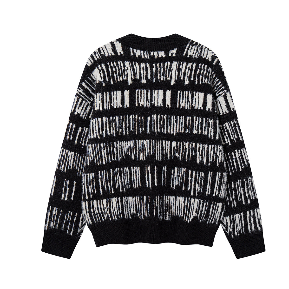 Abstract Stripe Jacquard Knit Sweater – Henley Neck, Oversized Fit