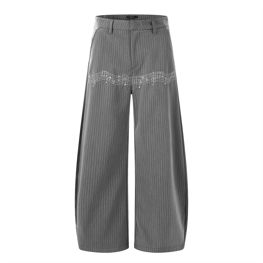 Pinstripe Wide-Leg Trousers with Music Note Embroidery