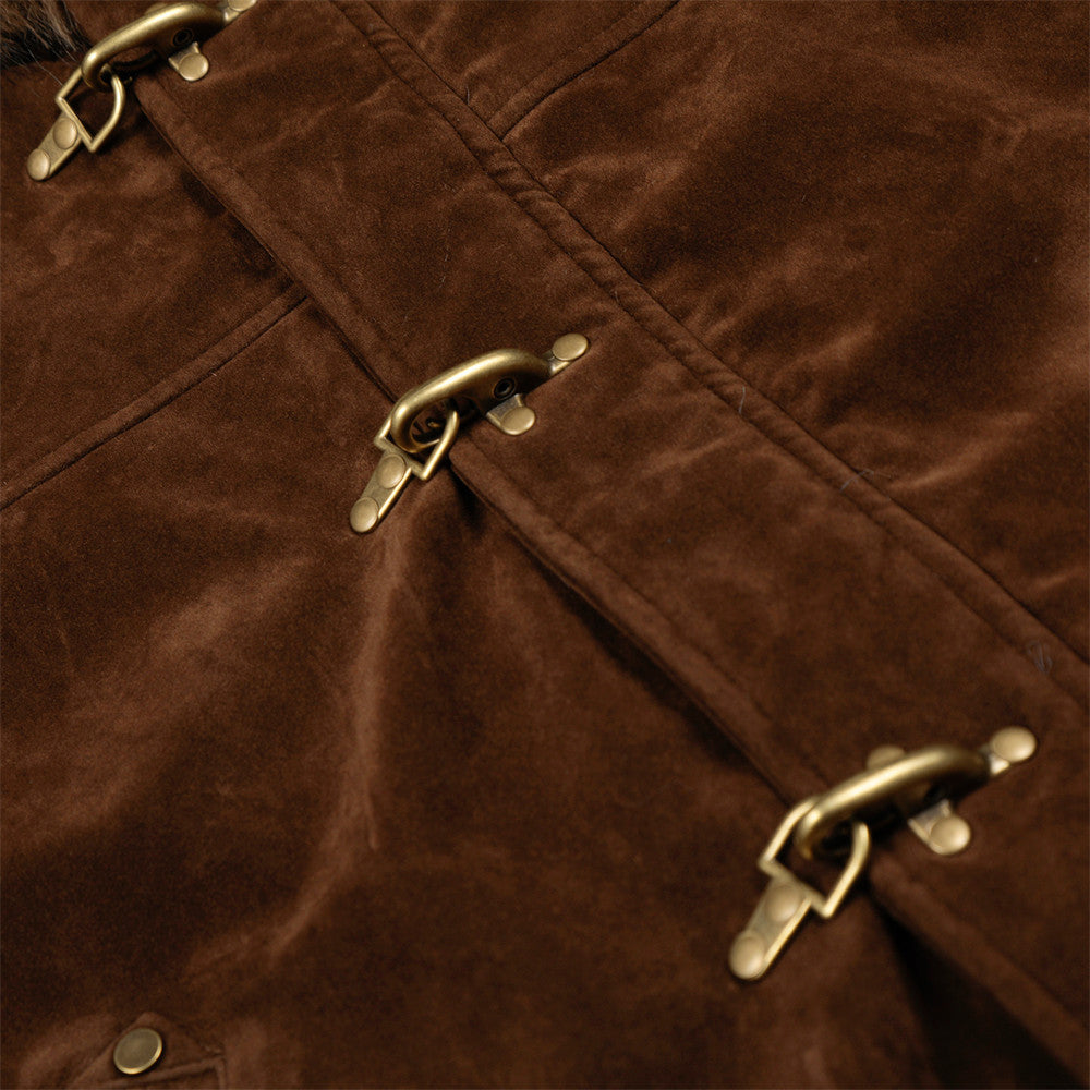 Faux Mink Fur-Trimmed Hooded Bomber Jacket with Toggle Clasps