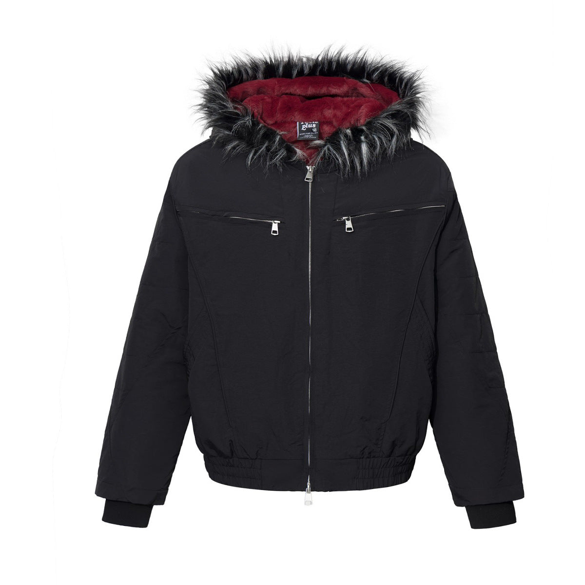 Men's padded bomber jacket with faux fur-trimmed hood in off-white and black colorways