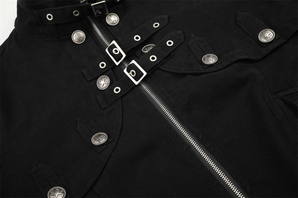 Men's Military-Inspired Short Jacket with Stand Collar, Buckle Straps & Button