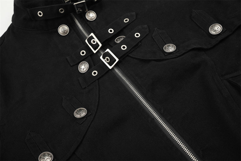 Men's Military-Inspired Short Jacket with Stand Collar, Buckle Straps & Button
