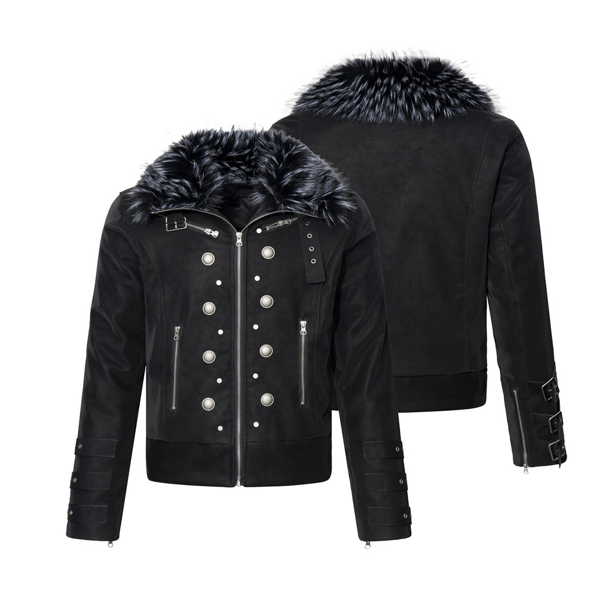 Faux Fur Collar Military Double-Button Moto Jacket – Padded PU Leather Bomber