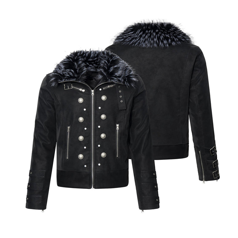 Faux Fur Collar Military Double-Button Moto Jacket – Padded PU Leather Bomber
