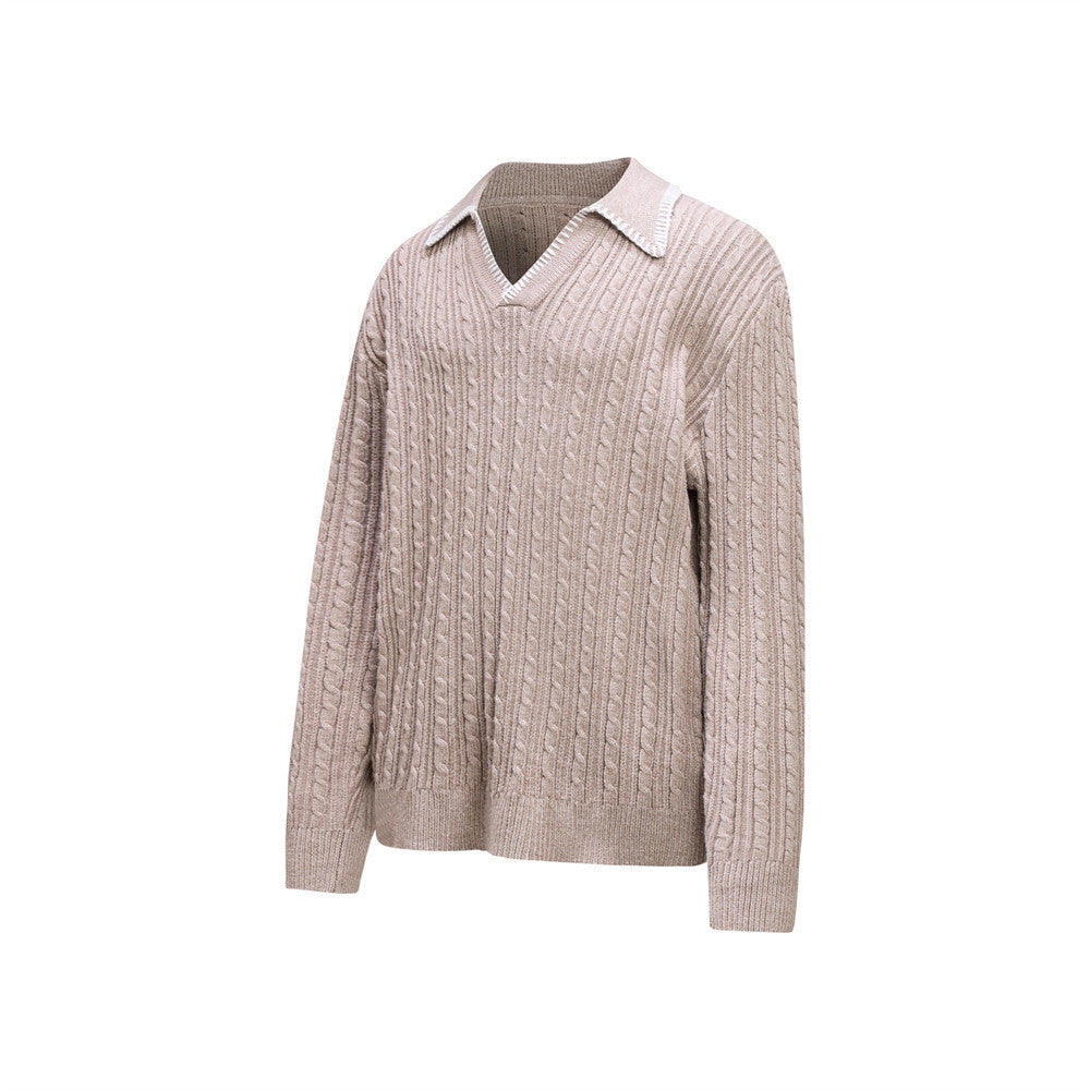 Oversized V-Neck Sweater – Cable Knit Polo Collar Long Sleeve Pullover