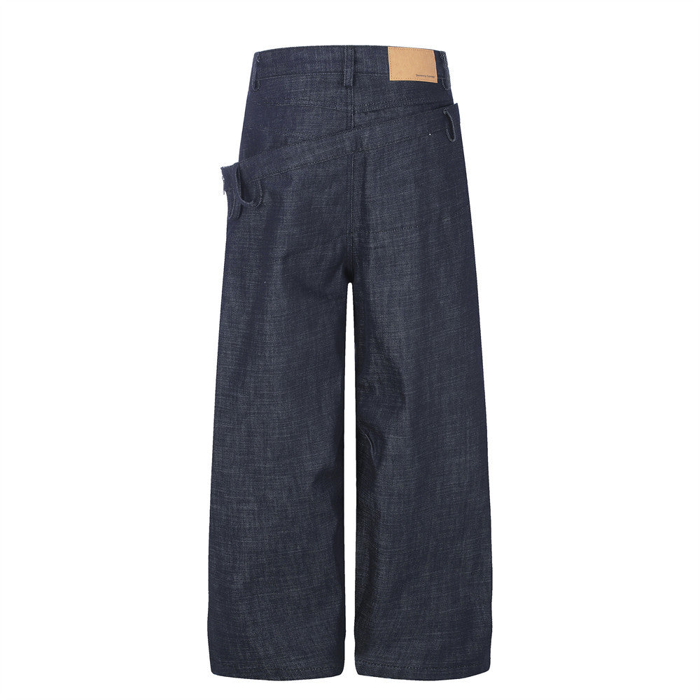 Wide-Leg Jeans with Irregular Spliced Waistband and Double Pleats