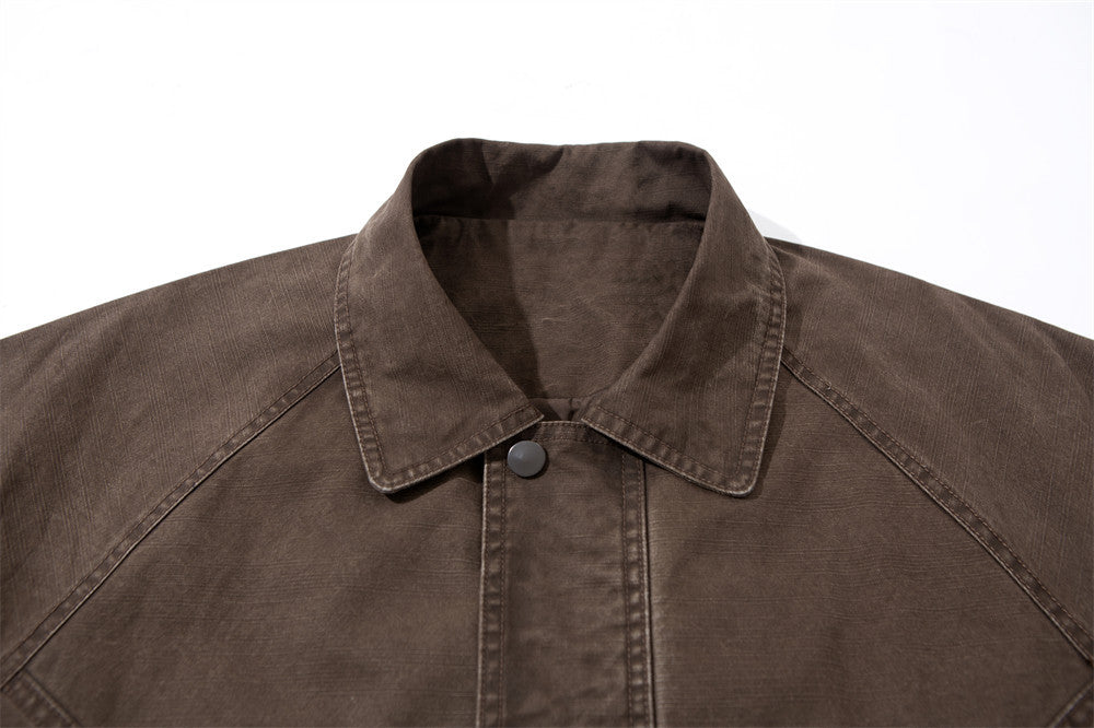 Vintage Washed Workwear Bomber Jacket – Relaxed Fit Snap-Button Harrington
