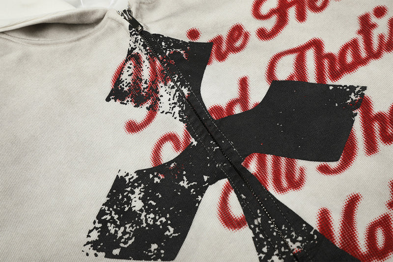 Sudadera desgastada con cremallera, gráfico de cruz y estampado de letras