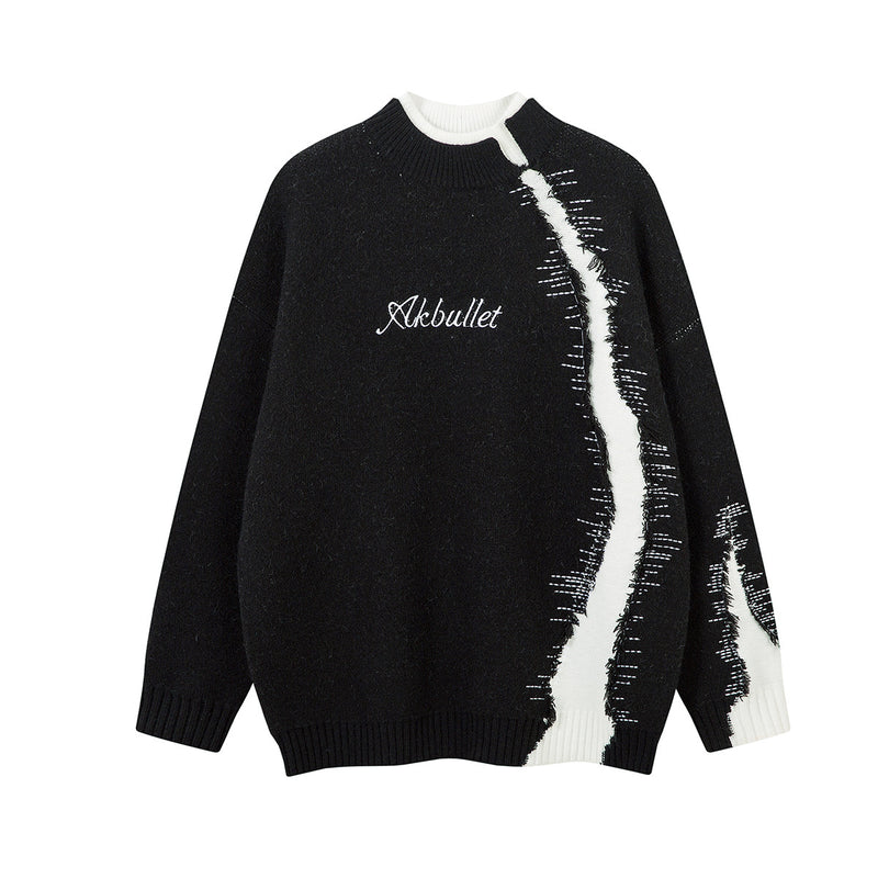 Distressed Knit Sweater with Double-Layer Collar and Raw-Edge Contrast Detail