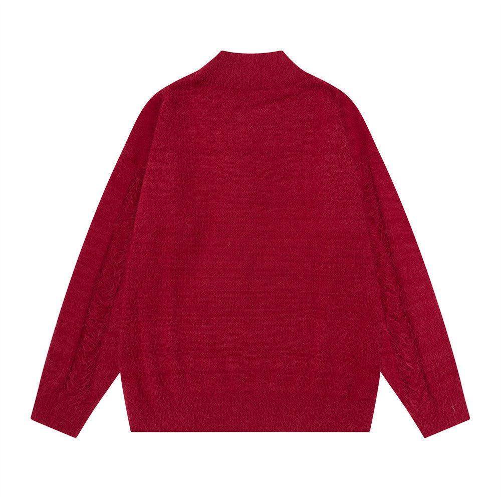 V-Neck Oversized Knit Sweater with Striped Scarf Detail