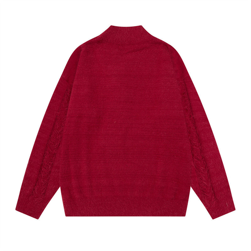 V-Neck Oversized Knit Sweater with Striped Scarf Detail