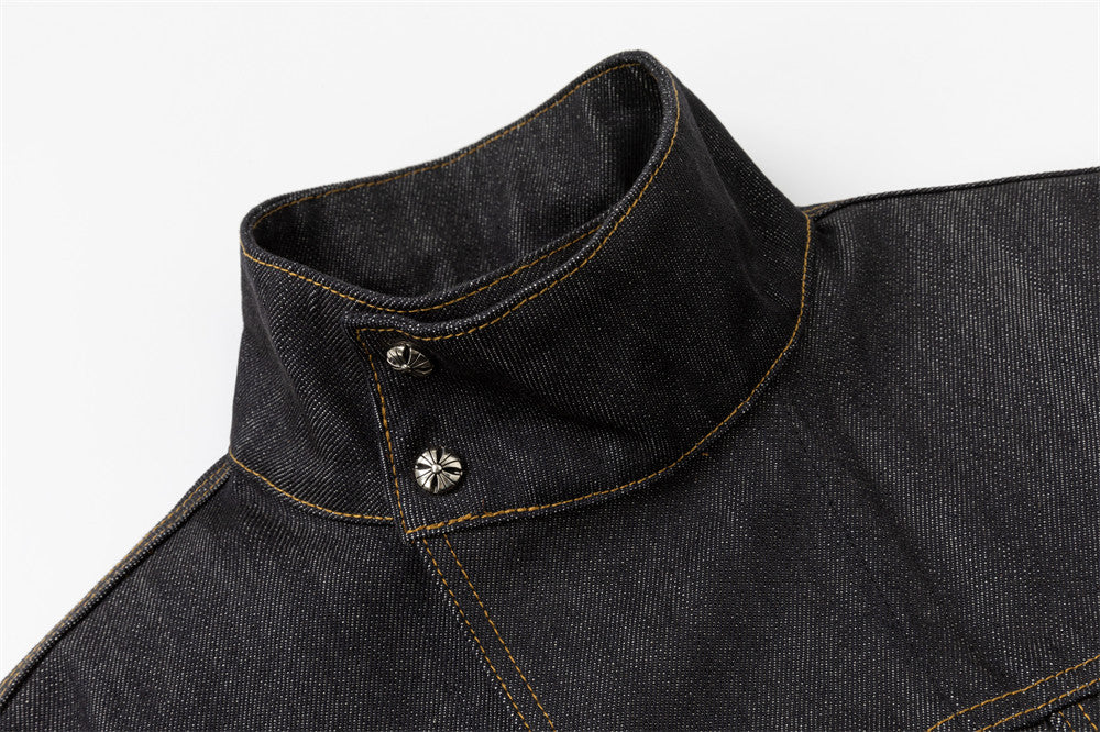 Men's Black Jean Jacket – Stand Collar, Asymmetric Placket & Cropped Silhouette