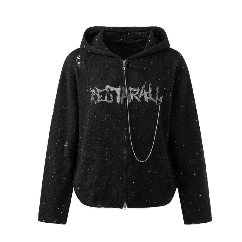 Dark Angel Wings Knit Zip-Up Hoodie – Distressed Black Sweater Hoodie