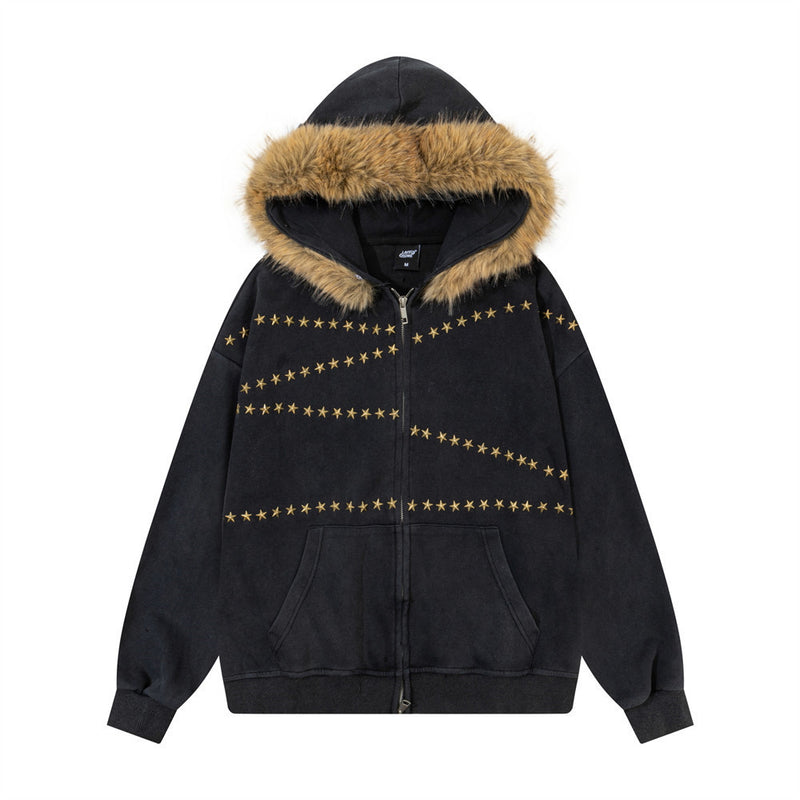 Sudadera con cremallera, capucha con ribete de pelo sintético y bordado de estrellas doradas — Streetwear para hombre