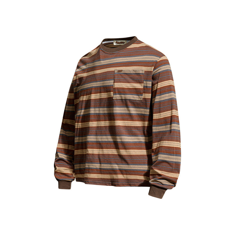 Front view of striped oversized crewneck shirt with chest pocket and ribbed cuffs