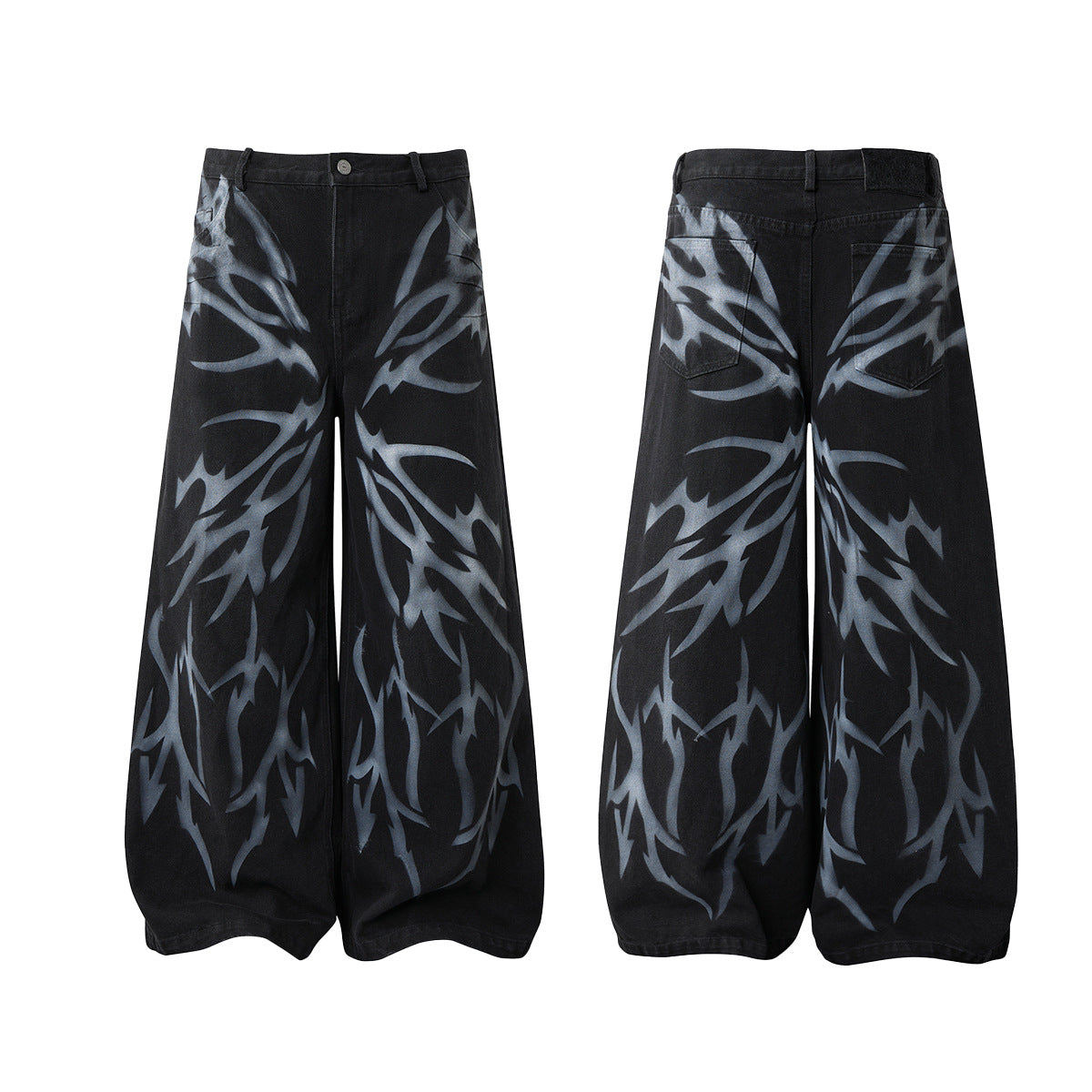 Black Low Rise Baggy Jeans with Tribal Spray-Paint Graphic Wide Leg