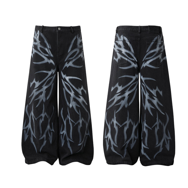 Black Low Rise Baggy Jeans with Tribal Spray-Paint Graphic Wide Leg