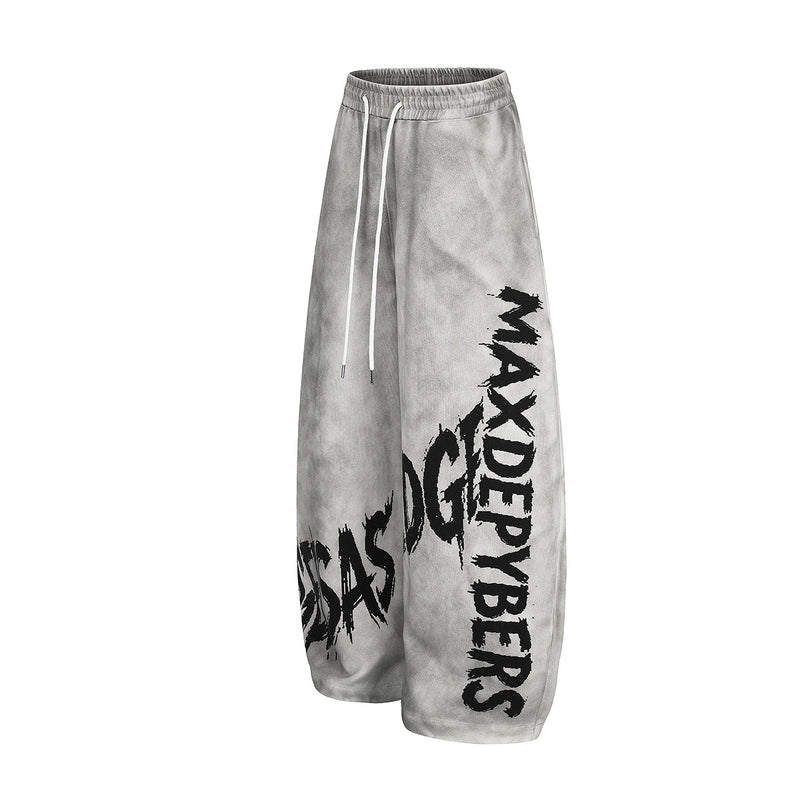 Wide-Leg Graffiti Print Sweatpants – Acid Wash Baggy Fit