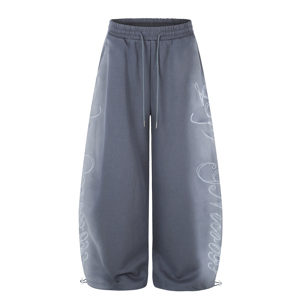 Wide-Leg Sweatpants with Cursive Script Print and Drawstring Hem