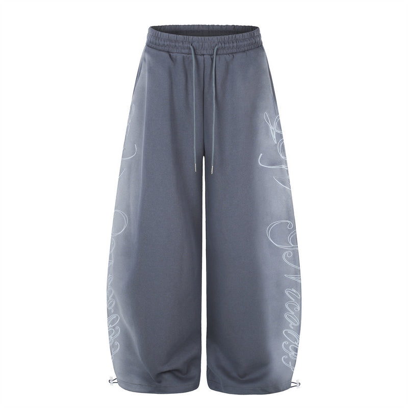 Wide-Leg Sweatpants with Cursive Script Print and Drawstring Hem