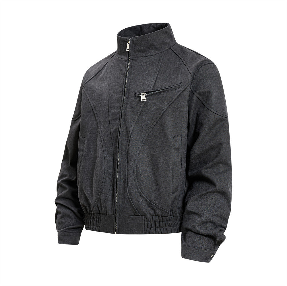 Men's Stand Collar Bomber Jacket with Sculptural Seam Detail