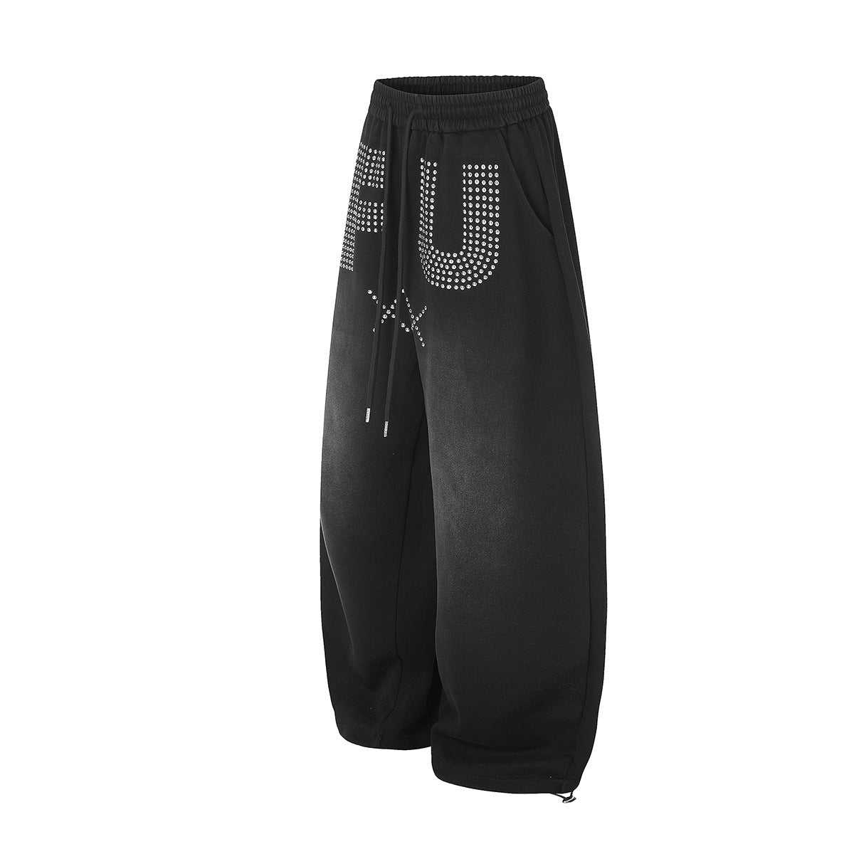 Pantalon de survêtement à jambes larges avec motif FU en strass et délavage vintage