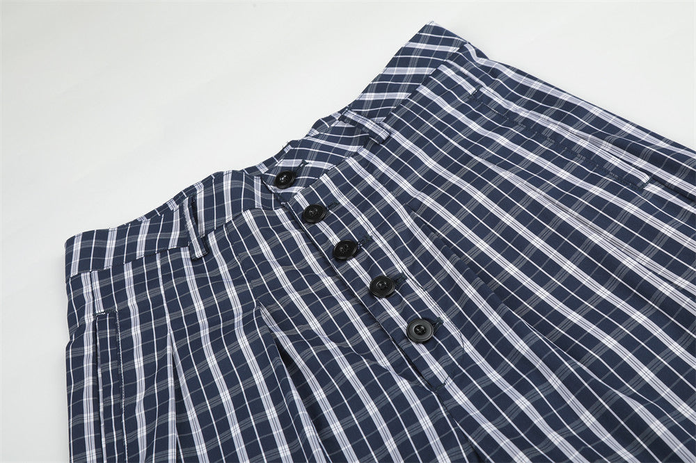 Men's Plaid Wide-Leg Trousers with Button Fly & Pleated Design