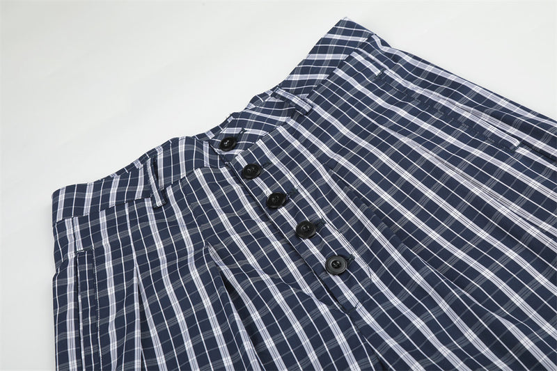 Men's Plaid Wide-Leg Trousers with Button Fly & Pleated Design