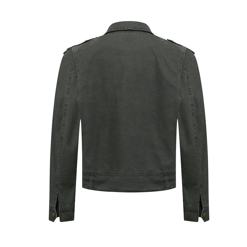 Men's Washed Asymmetric-Zip Moto Jacket with Epaulettes