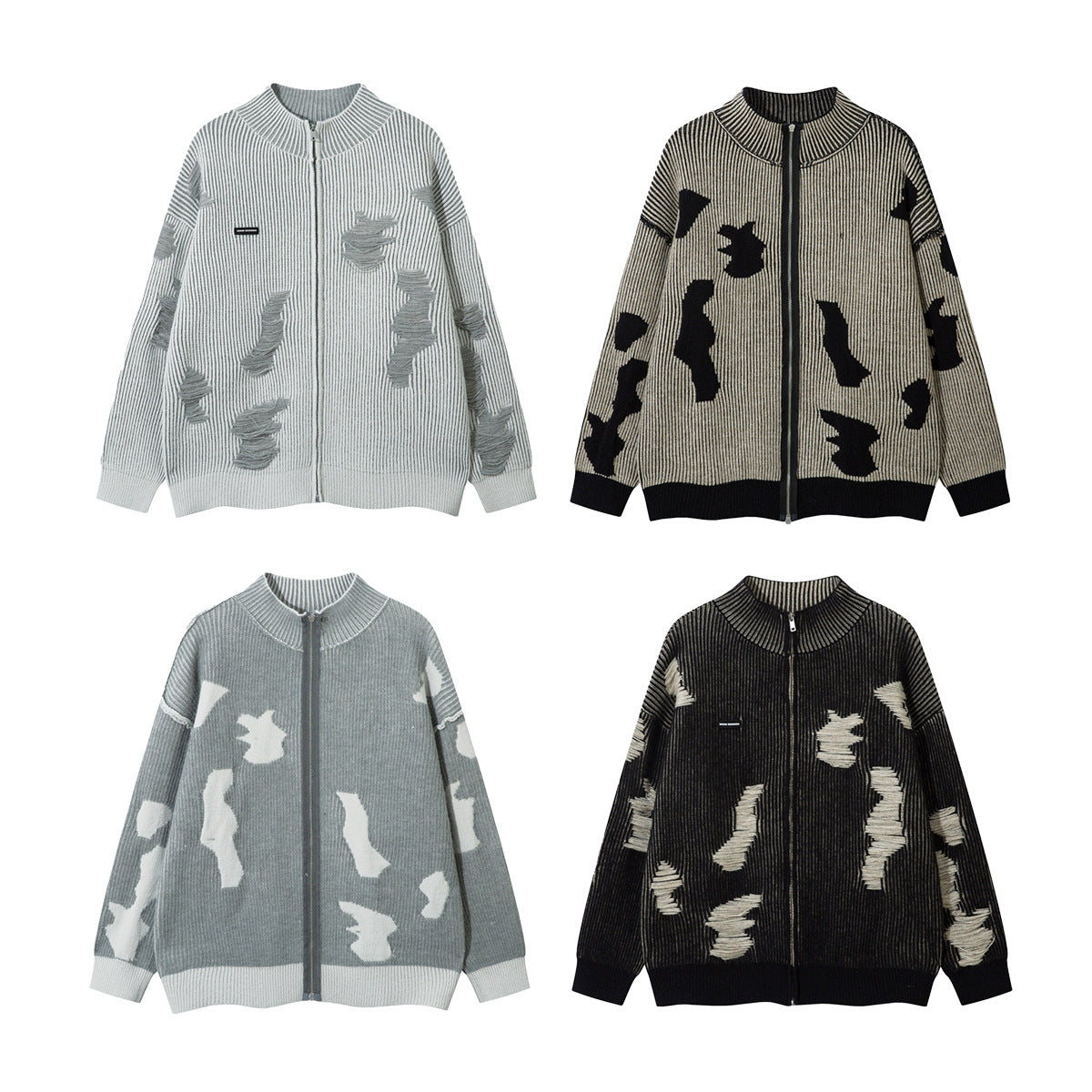 Distressed Knit Zip-Up Cardigan Jacket – Reversible Ribbed Sweater Coat
