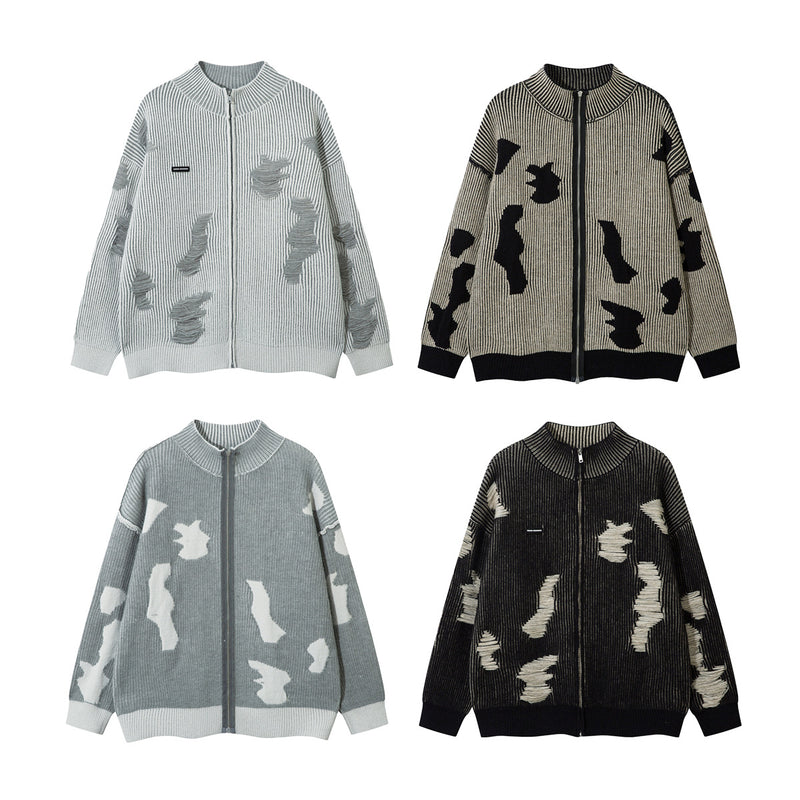 Distressed Knit Zip-Up Cardigan Jacket – Reversible Ribbed Sweater Coat