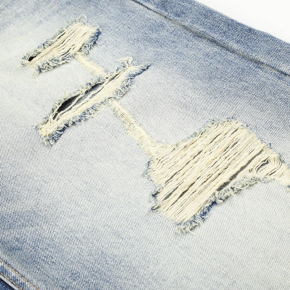 Wide-Leg Distressed Jeans – Men's Light Wash Ripped Straight-Fit Denim