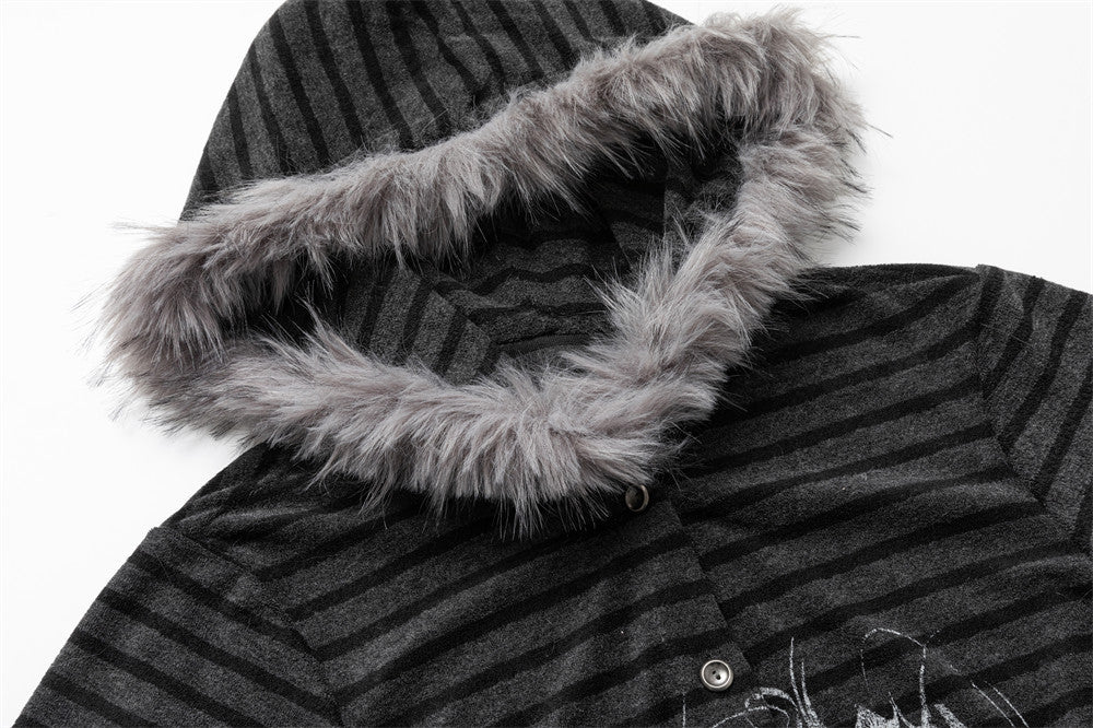 Striped Faux-Layer Gothic Hoodie with Fur-Trim Hood and Graphic Print
