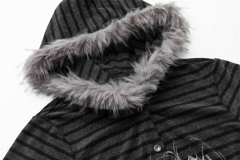 Striped Faux-Layer Gothic Hoodie with Fur-Trim Hood and Graphic Print