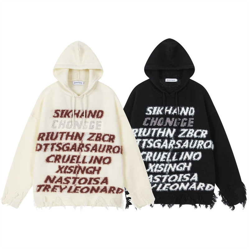 Letter Jacquard Knit Hoodie with Fringe Hem – Streetwear Pullover