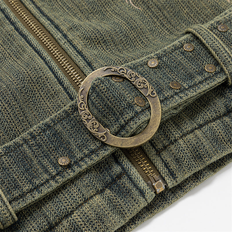 Vintage Washed Denim Jacket – Floral Embroidery, Zip-Up, Belted Waist