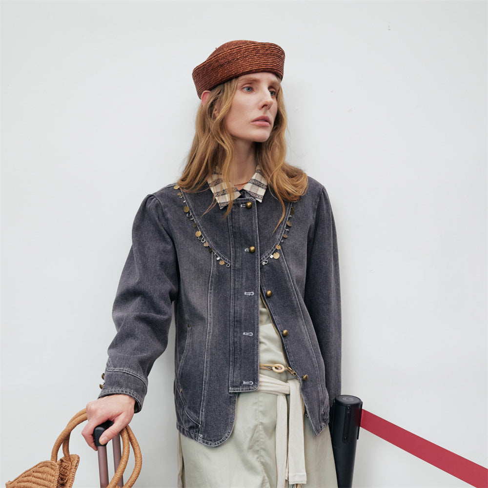 Men's washed grey denim short jacket with brass coin chain trim and antique dome buttons, front and back view